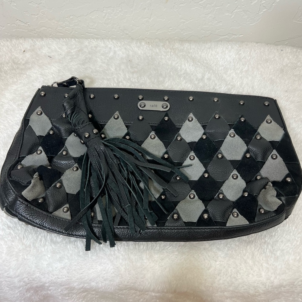 Rafe New York Zip Top Clutch Patchwork Scales Studs Tassel Black Gray Leather